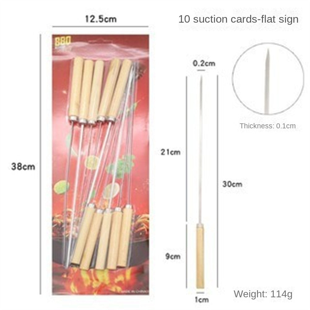 Stainless steel reusable BBQ skewers with wooden handles, two different skewer designs, and dimensions labeled on packaging.