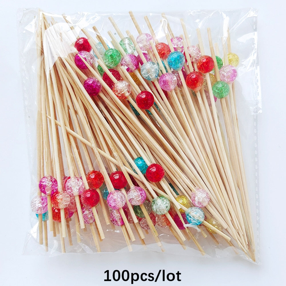 Pearl Disposable Bamboo Skewers Wooden Cocktail Picks Fruit Picks Snack Fork Skewer Wedding Party Supplies - TheWellBeing1