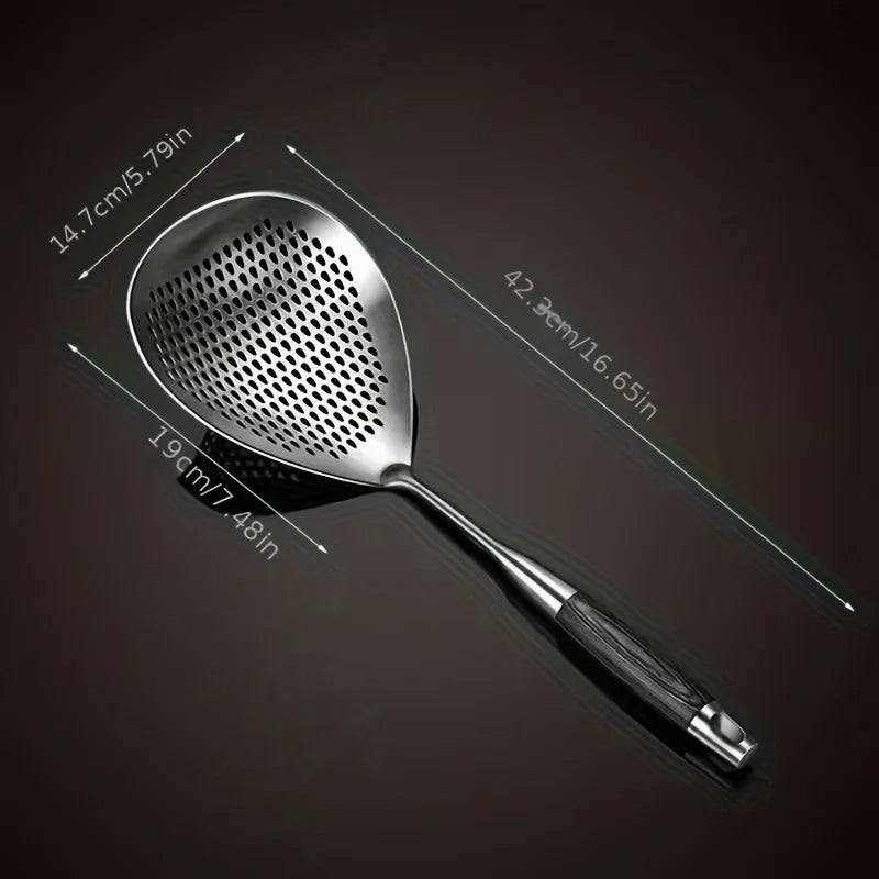Metallic kitchen spatula with measurements on a dark background
