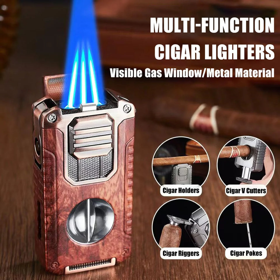 3-Flame Cigar Lighter w/ V-Cutter & Drill – Windproof, Visual Gas Window