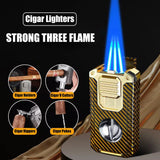 3-Flame Cigar Lighter w/ V-Cutter & Drill – Windproof, Visual Gas Window