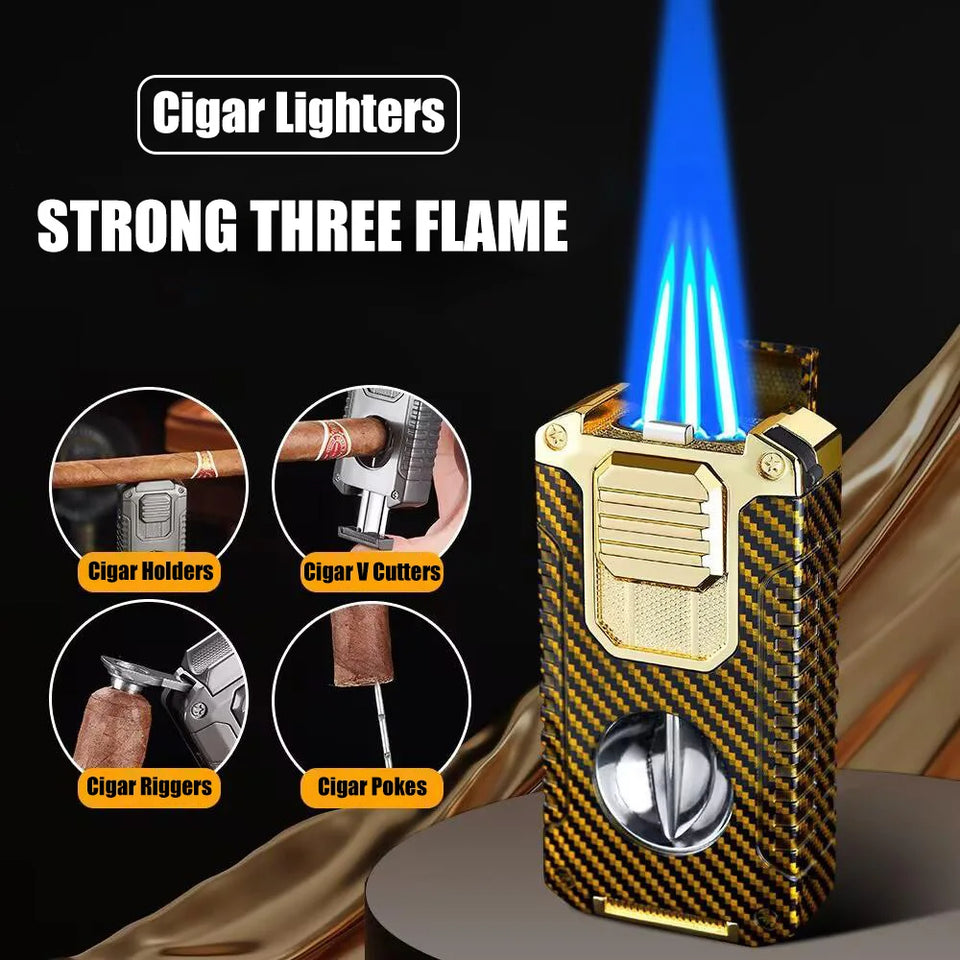 3-Flame Cigar Lighter w/ V-Cutter & Drill – Windproof, Visual Gas Window