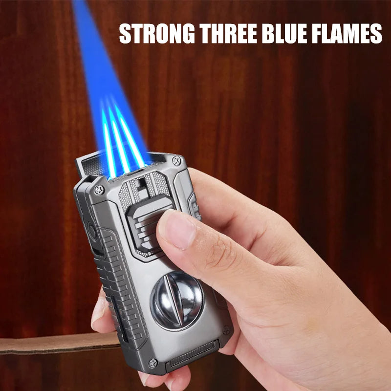 3-Flame Cigar Lighter w/ V-Cutter & Drill – Windproof, Visual Gas Window