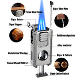 3-Flame Cigar Lighter w/ V-Cutter & Drill – Windproof, Visual Gas Window