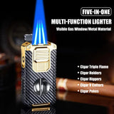 3-Flame Cigar Lighter w/ V-Cutter & Drill – Windproof, Visual Gas Window