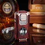 3-Flame Cigar Lighter with V-Shaped Cutter & Bottom Drill – Windproof Torch, Visual Gas Window, Metal Build (HB-056 Bandwidth, Portable for Travel) - CulinaryWellBeing
