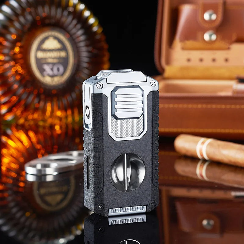 3-Flame Cigar Lighter with V-Shaped Cutter & Bottom Drill – Windproof Torch, Visual Gas Window, Metal Build (HB-056 Bandwidth, Portable for Travel) - CulinaryWellBeing