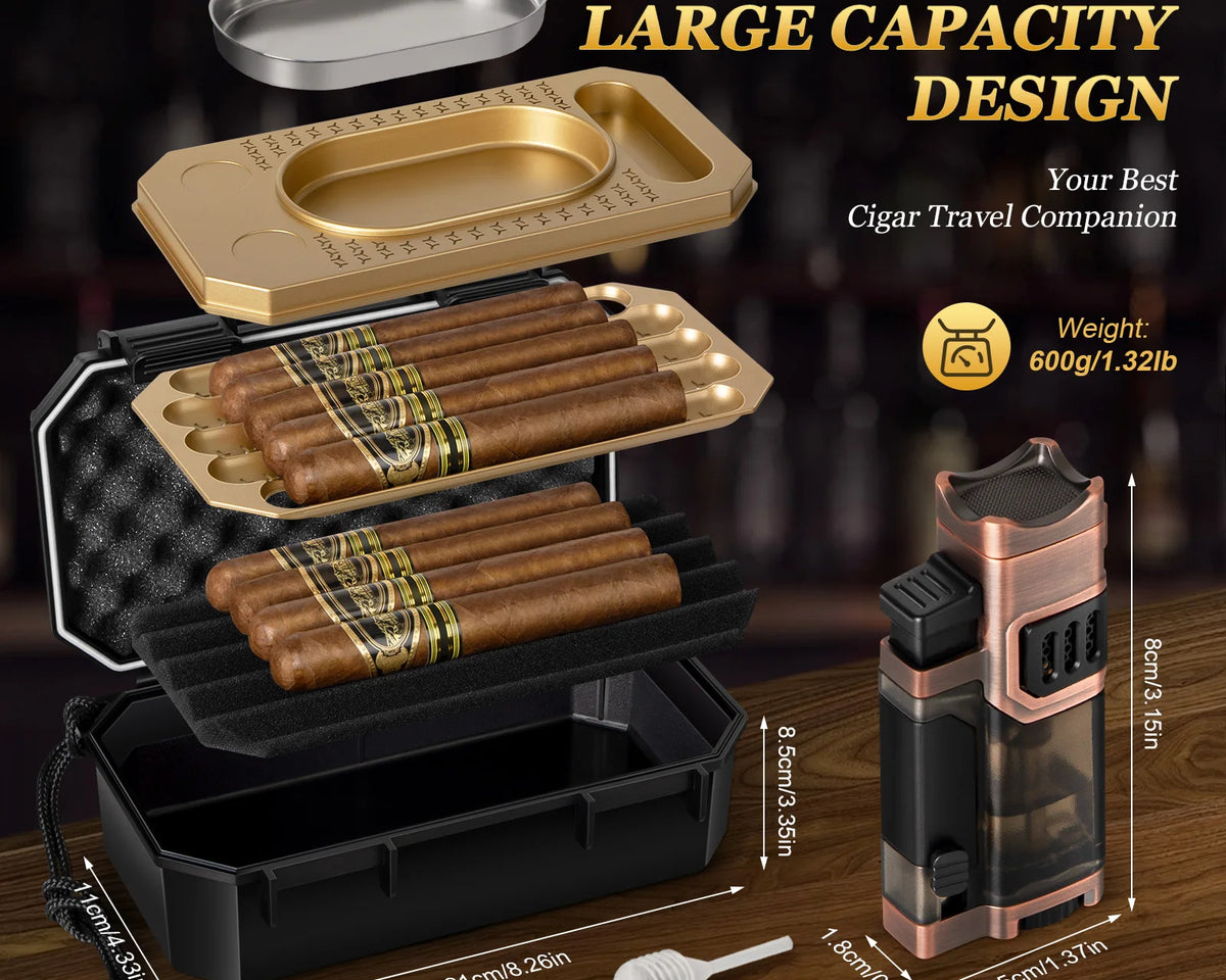 3-Layer Travel Cigar Humidor Set w/ Lighter & Hygrometer – 9-Cigar Case

