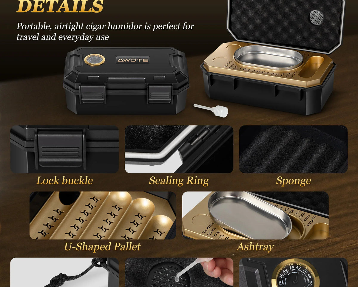 3-Layer Travel Cigar Humidor Set w/ Lighter & Hygrometer – 9-Cigar Case

