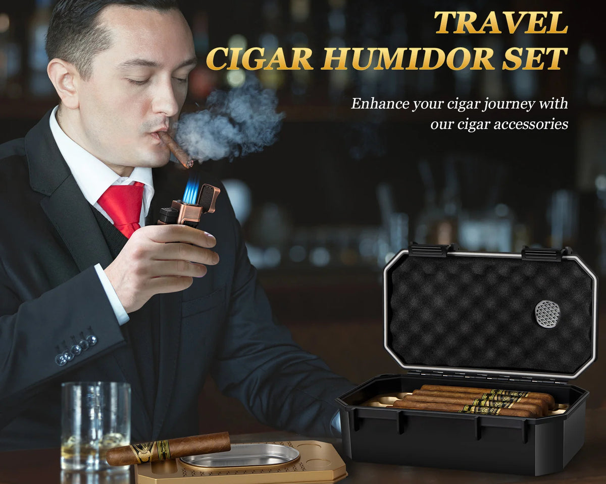 3-Layer Travel Cigar Humidor Set w/ Lighter & Hygrometer – 9-Cigar Case

