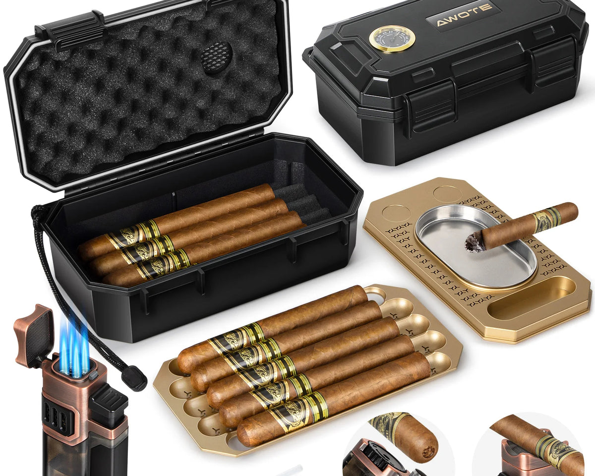 3-Layer Travel Cigar Humidor Set w/ Lighter & Hygrometer – 9-Cigar Case

