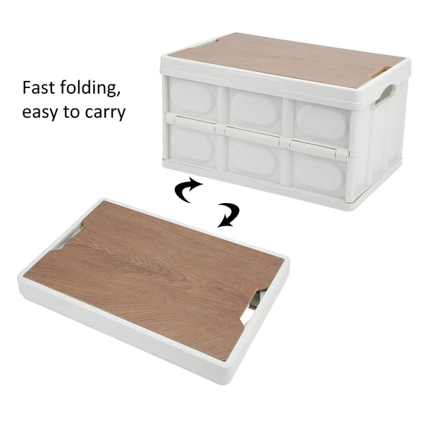 30L Folding Storage Box - Outdoor Camping Picnic Organizer w/ Wood Panel

