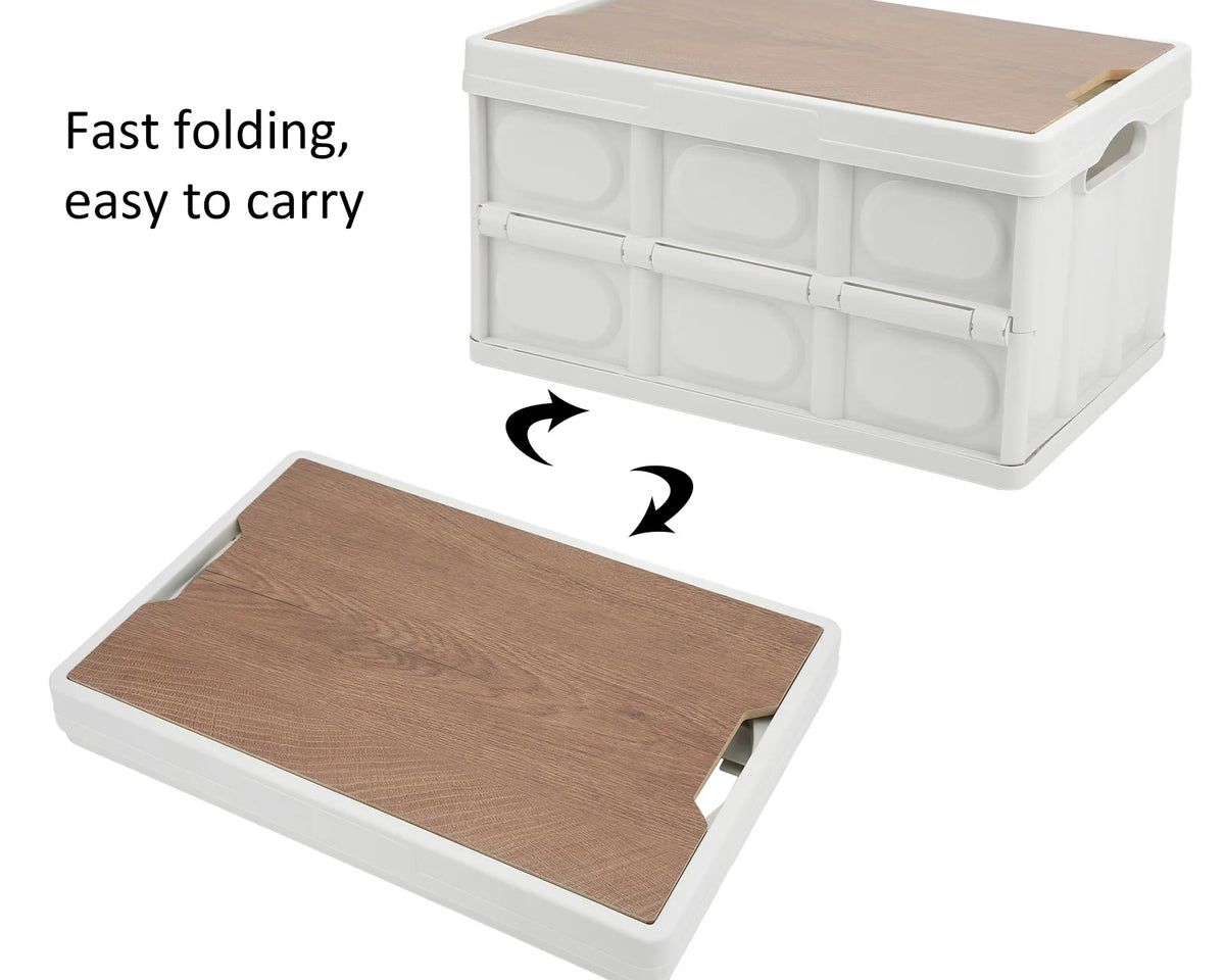 30L Folding Storage Box - Outdoor Camping Picnic Organizer w/ Wood Panel

