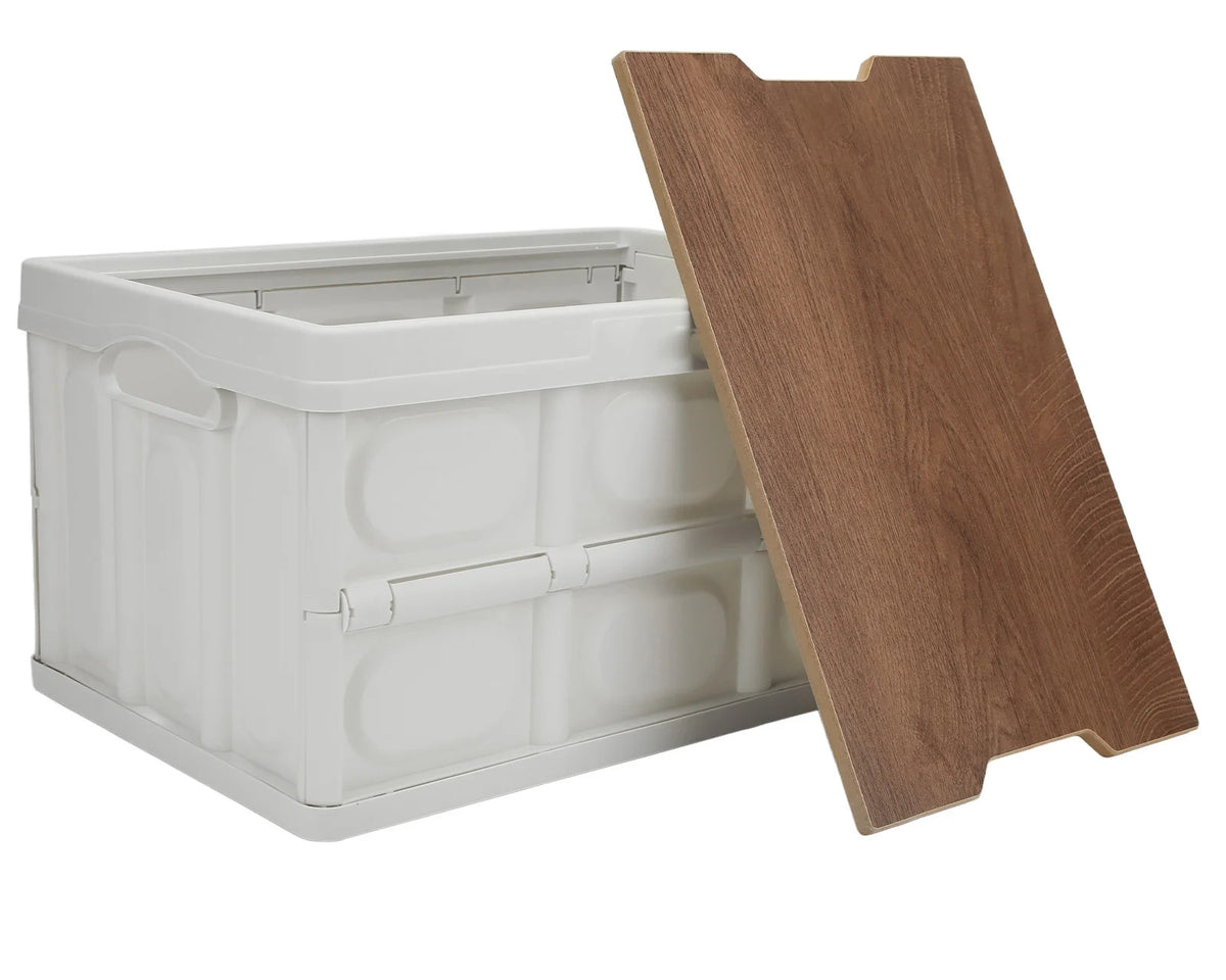 30L Folding Storage Box - Outdoor Camping Picnic Organizer w/ Wood Panel

