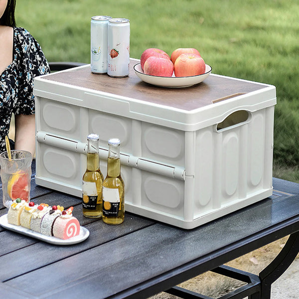 30L Folding Storage Box - Outdoor Camping Picnic Organizer w/ Wood Panel

