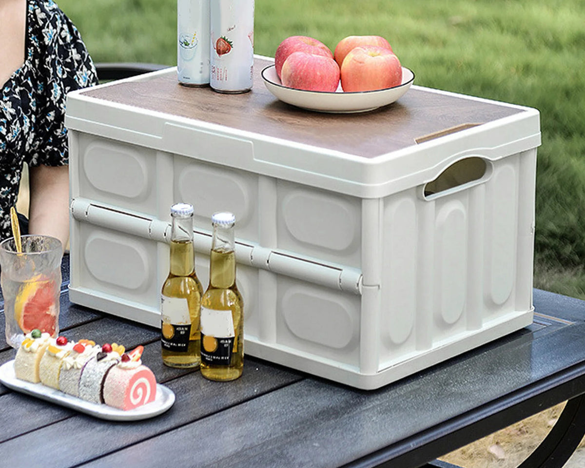 30L Folding Storage Box - Outdoor Camping Picnic Organizer w/ Wood Panel

