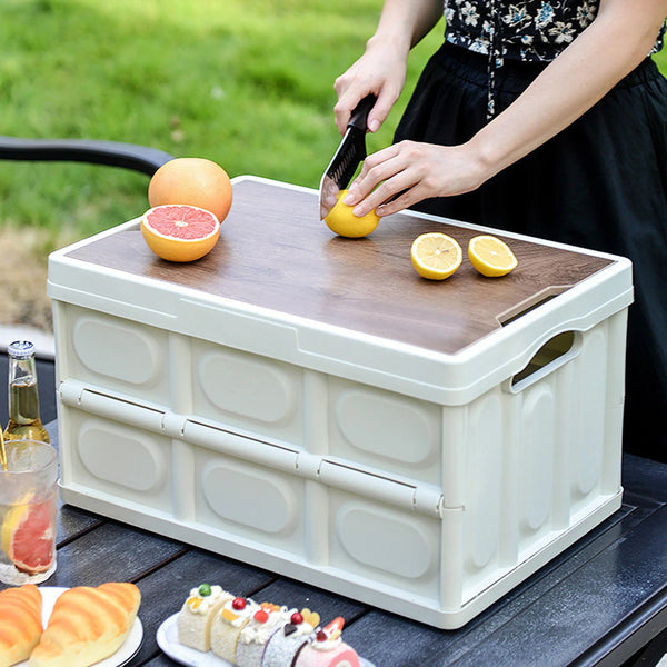 30L Folding Storage Box - Outdoor Camping Picnic Organizer w/ Wood Panel


