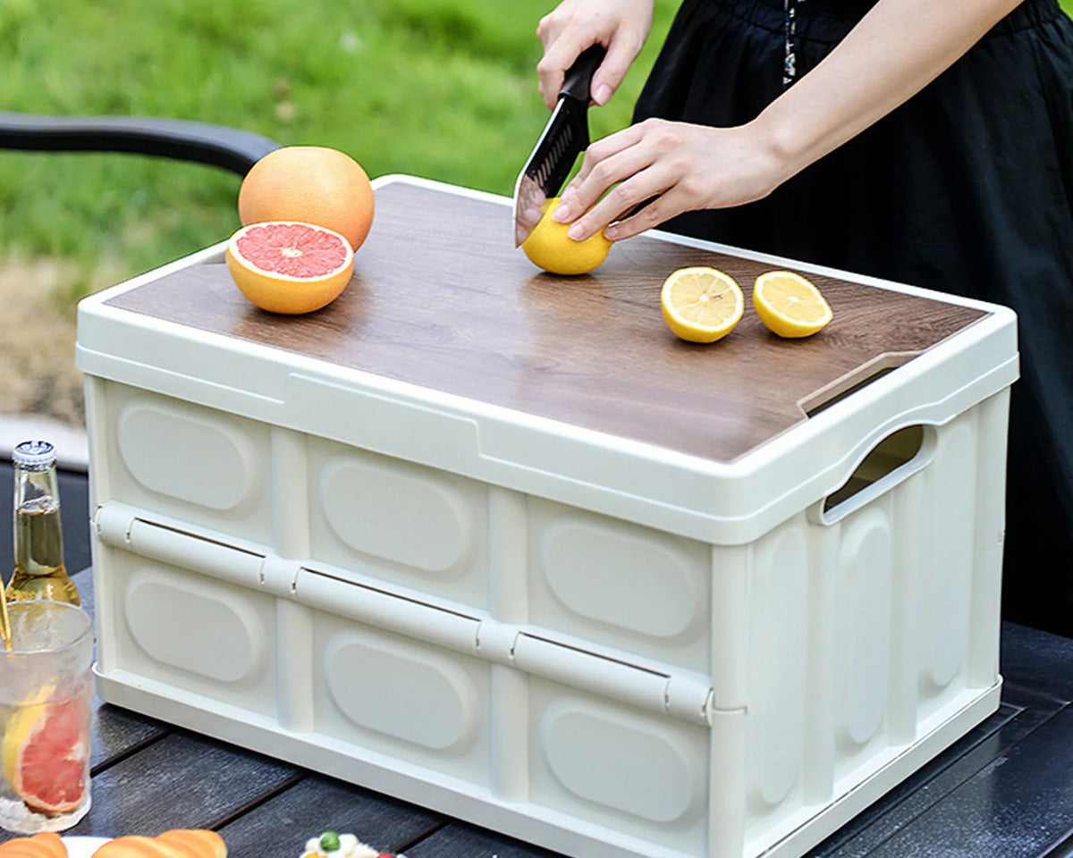 30L Folding Storage Box - Outdoor Camping Picnic Organizer w/ Wood Panel

