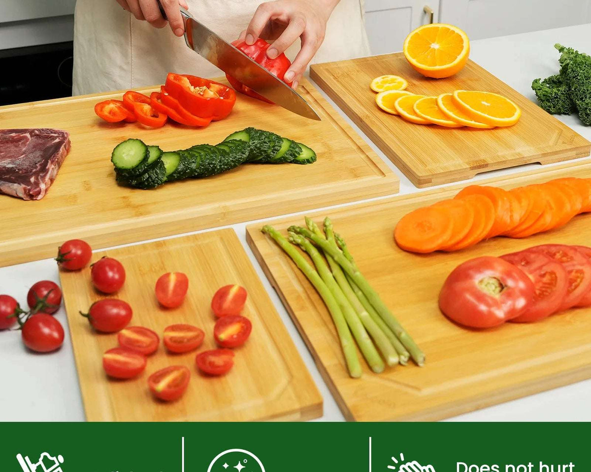 4-Piece Extra Large Bamboo Cutting Board Set with Juice Groove & Inner Handle – Heavy-Duty Kitchen Essential