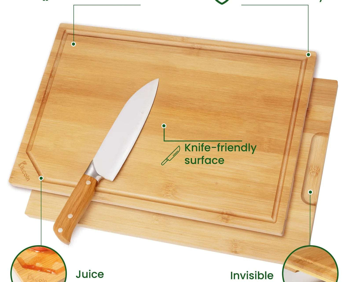 4-Piece Extra Large Bamboo Cutting Board Set with Juice Groove & Inner Handle – Heavy-Duty Kitchen Essential