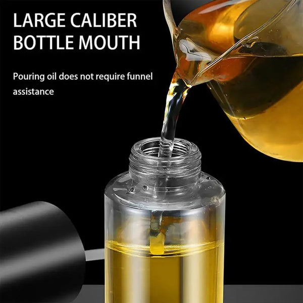 Clear bottle with large caliber mouth being filled with oil from a funnel against a black background.