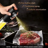 Sprayer being used to season a steak with text highlighting features on a dark background.