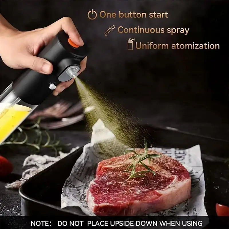 Sprayer being used to season a steak with text highlighting features on a dark background.
