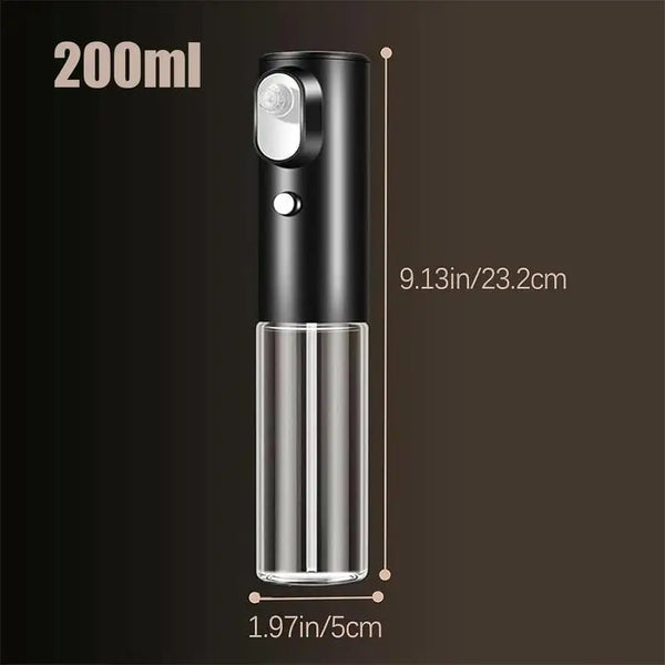 Black and clear spray bottle with measurements on a dark background