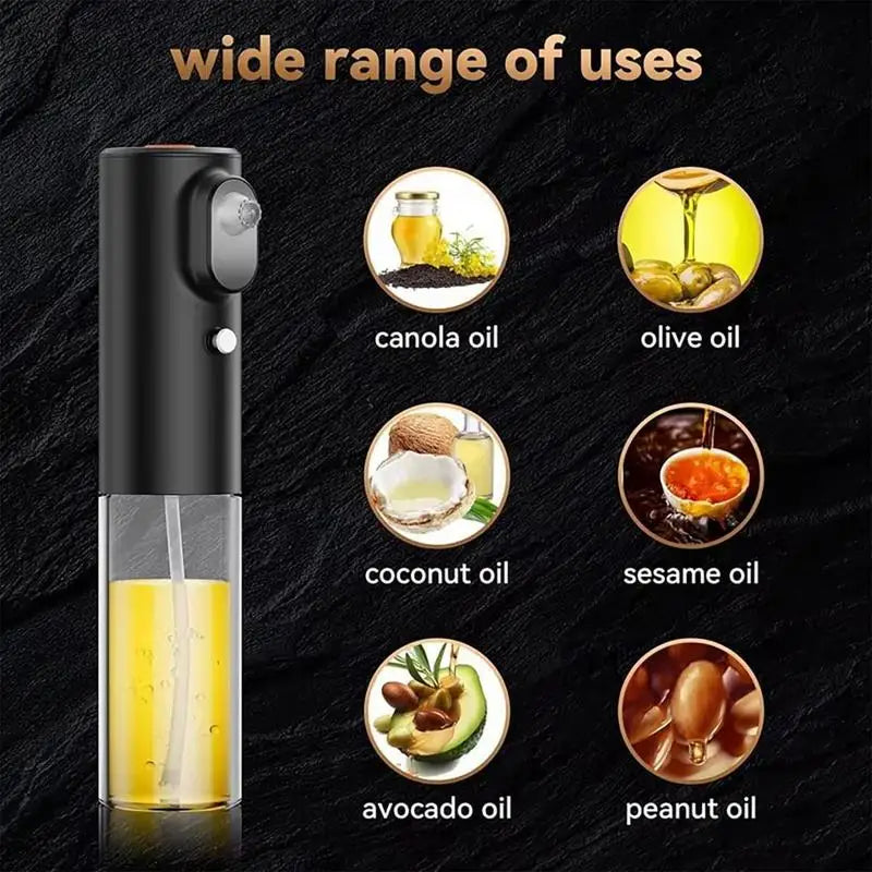 Black oil sprayer with images of various oils it can be used for on a dark background