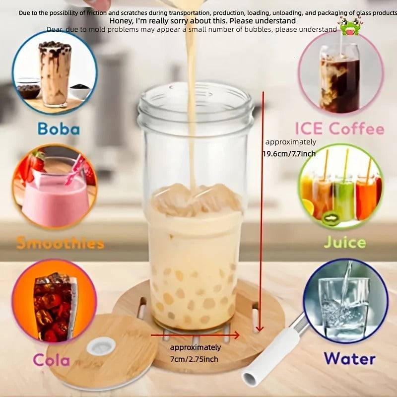 Glass Cup Wooden Lid Bubble Tea Cold Drinking - Culinarywellbeing