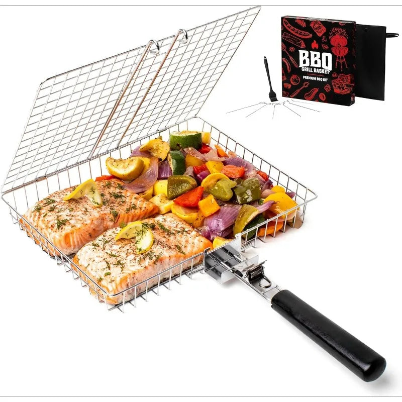 Portable Stainless Steel Grill Basket for Fish & Vegetables – Folding BBQ Grill Basket with Handle – Camping, Tailgating, Backyard Grilling – Nonstick, Dishwasher Safe, Heavy Duty - CulinaryWellBeing