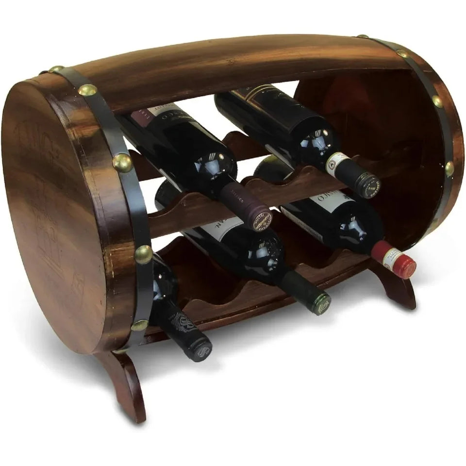 Wooden Barrel Wine Rack - Holds 10 Bottles, Rustic Tabletop Display