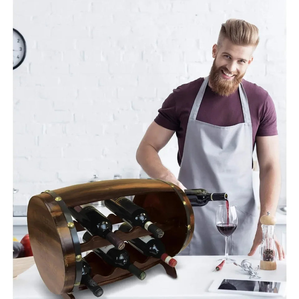 Wooden Barrel Wine Rack - Holds 10 Bottles, Rustic Tabletop Display