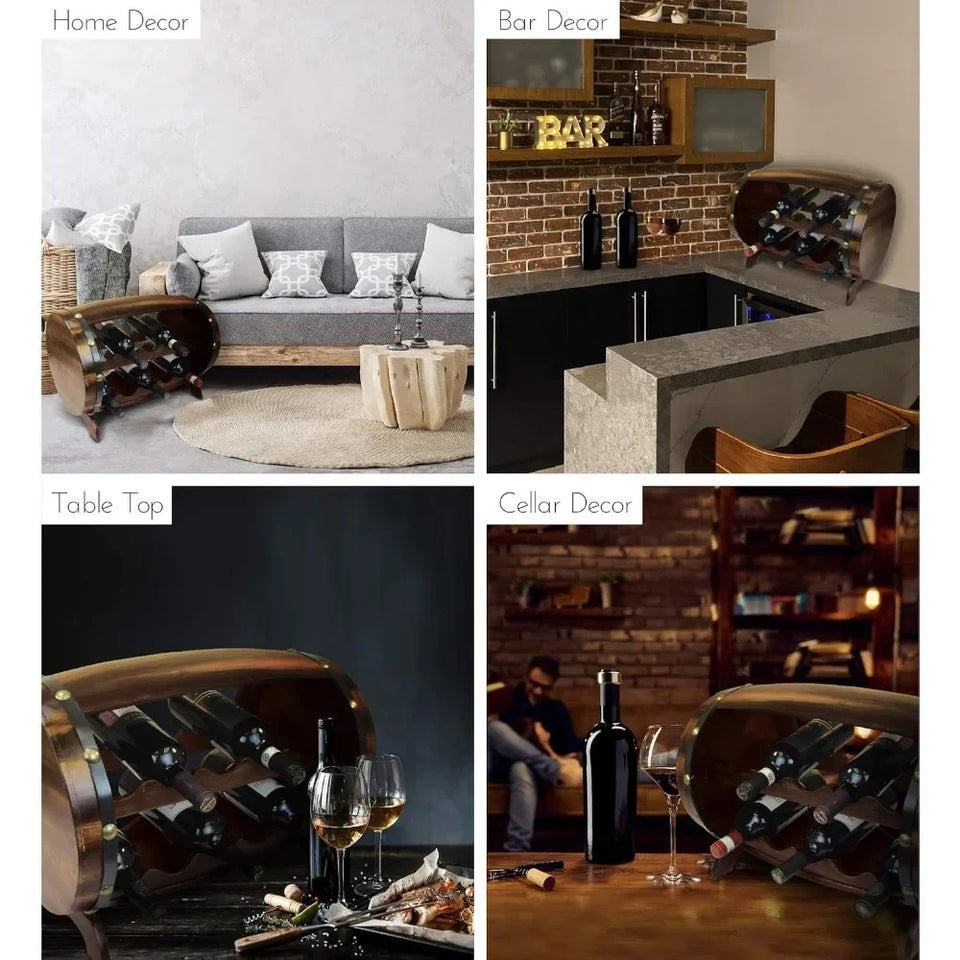 Wooden Barrel Wine Rack - Holds 10 Bottles, Rustic Tabletop Display