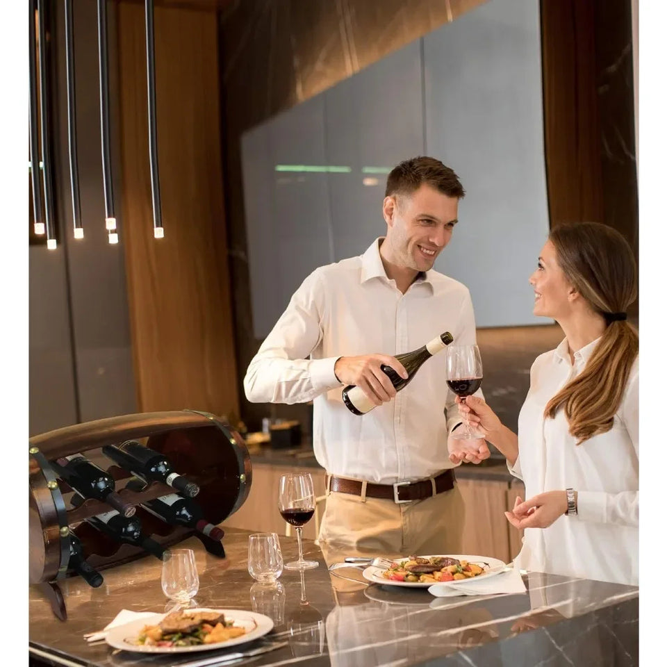 Wooden Barrel Wine Rack - Holds 10 Bottles, Rustic Tabletop Display