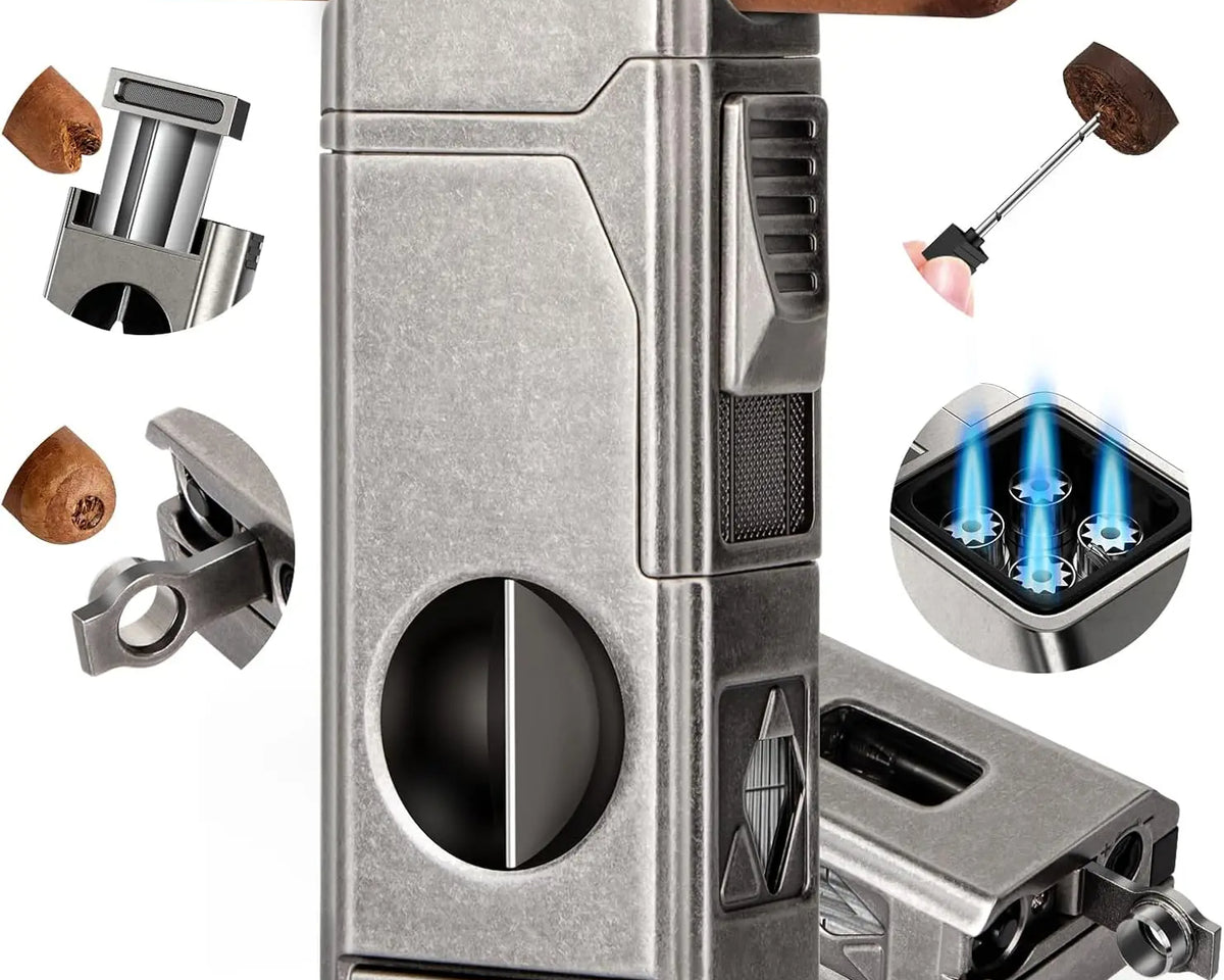 Scotte 4-Jet Flame Cigar Lighter - 5-in-1 Windproof Torch w/ V-Cutter, Punch, Holder & Draw Enhancer (Refillable Butane, Gift Box) - CulinaryWellBeing