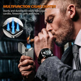 Scotte 4-Jet Flame Cigar Lighter - 5-in-1 Windproof Torch w/ V-Cutter, Punch, Holder & Draw Enhancer (Refillable Butane, Gift Box) - CulinaryWellBeing