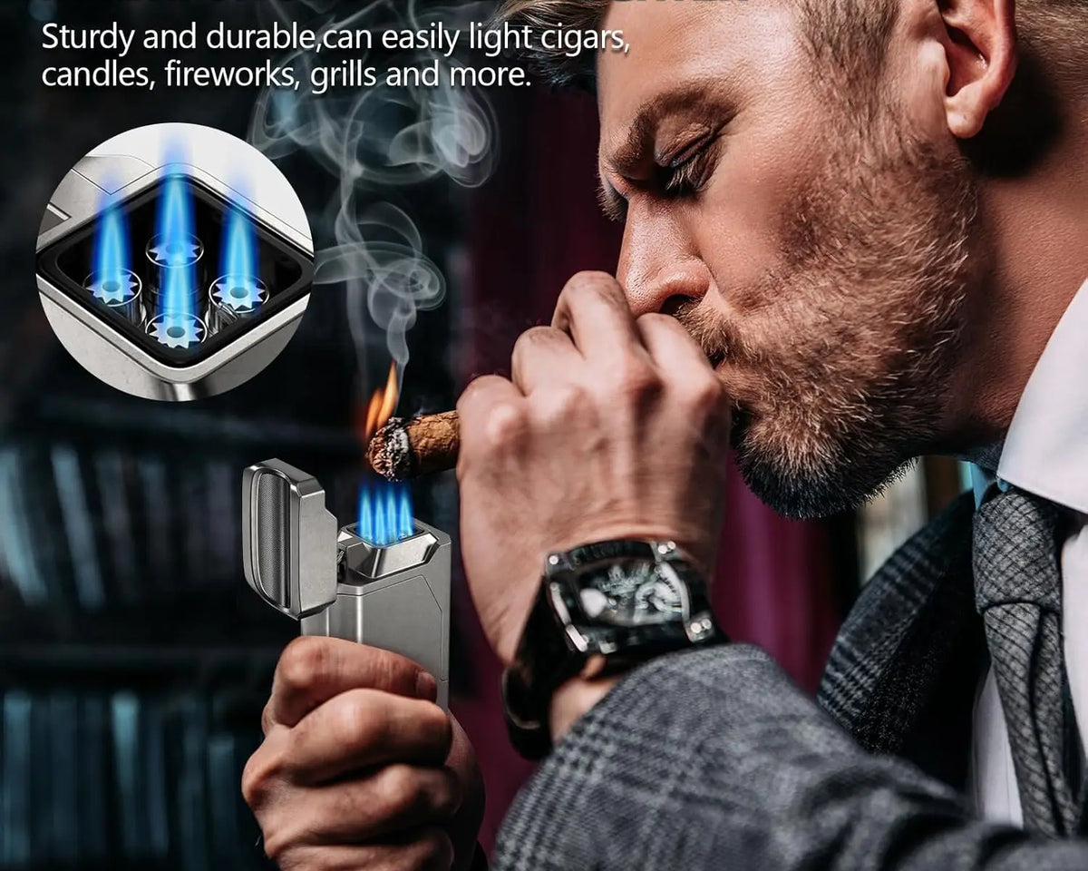 Scotte 4-Jet Flame Cigar Lighter - 5-in-1 Windproof Torch w/ V-Cutter, Punch, Holder & Draw Enhancer (Refillable Butane, Gift Box) - CulinaryWellBeing