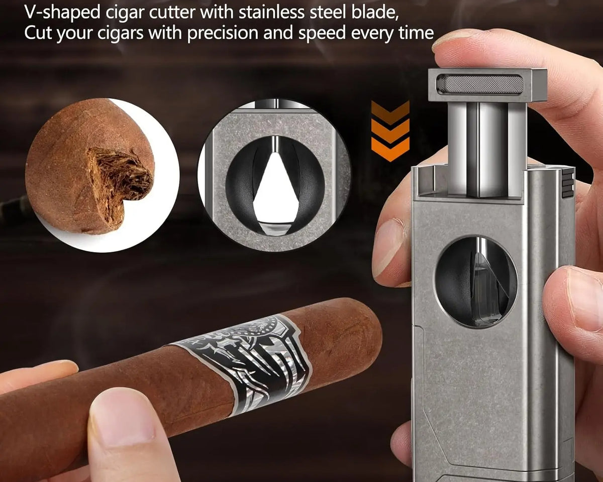 Scotte 4-Jet Flame Cigar Lighter - 5-in-1 Windproof Torch w/ V-Cutter, Punch, Holder & Draw Enhancer (Refillable Butane, Gift Box) - CulinaryWellBeing