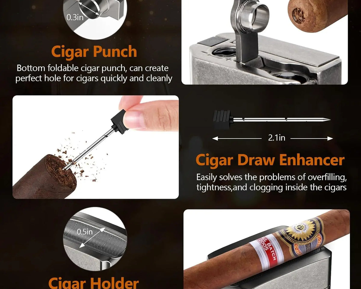 Scotte 4-Jet Flame Cigar Lighter - 5-in-1 Windproof Torch w/ V-Cutter, Punch, Holder & Draw Enhancer (Refillable Butane, Gift Box) - CulinaryWellBeing