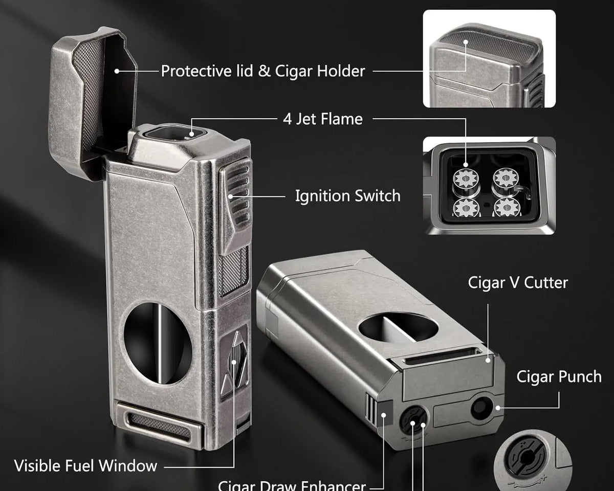 Scotte 4-Jet Flame Cigar Lighter - 5-in-1 Windproof Torch w/ V-Cutter, Punch, Holder & Draw Enhancer (Refillable Butane, Gift Box) - CulinaryWellBeing