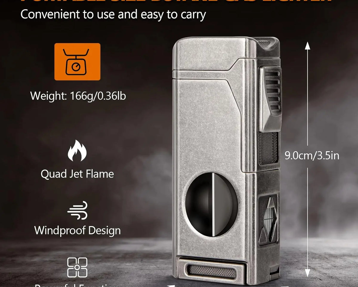 Scotte 4-Jet Flame Cigar Lighter - 5-in-1 Windproof Torch w/ V-Cutter, Punch, Holder & Draw Enhancer (Refillable Butane, Gift Box) - CulinaryWellBeing