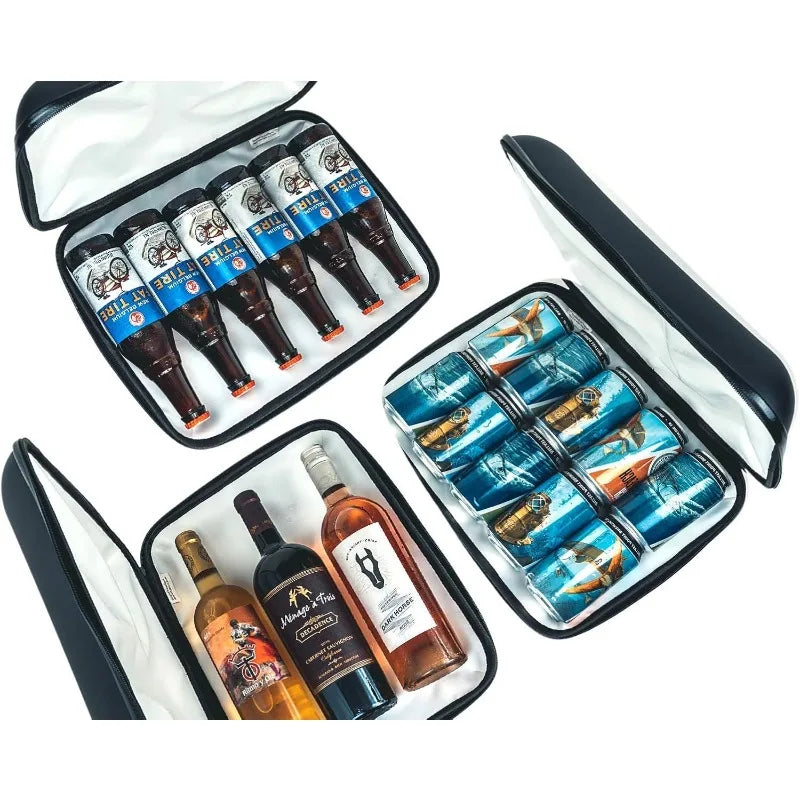 Set of bottles and cans in a black carrying case on a white background