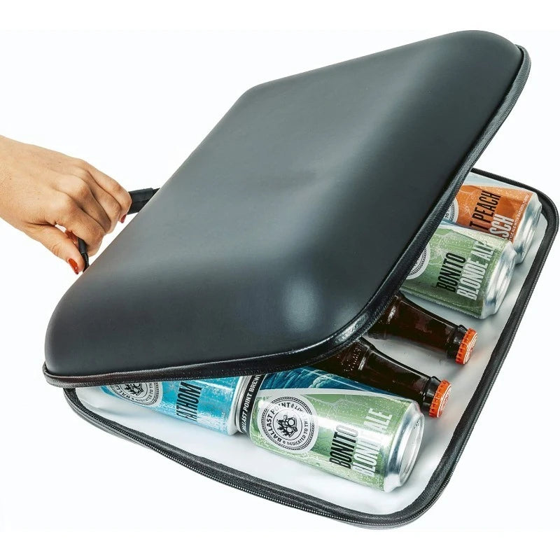 Black suitcase with beer cans and bottles inside on a white background