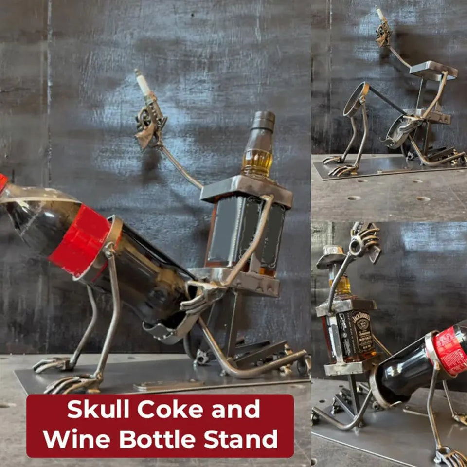 Steampunk Skull Wine Rack - Metal Skeleton Bottle Holder for Bar Decor

