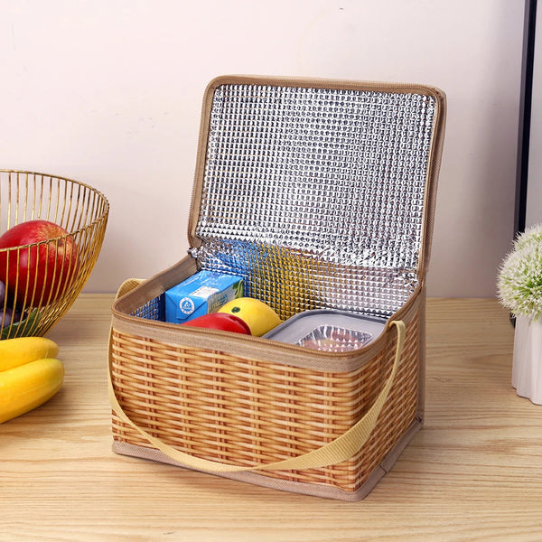 Wicker Picnic Cooler Bag - Thermal Insulated Lunch Box for Camping

