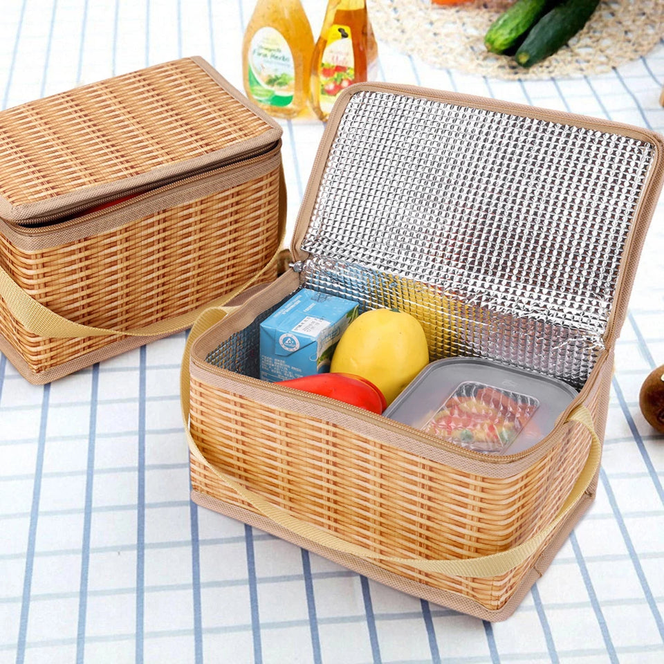 Wicker Picnic Cooler Bag - Thermal Insulated Lunch Box for Camping

