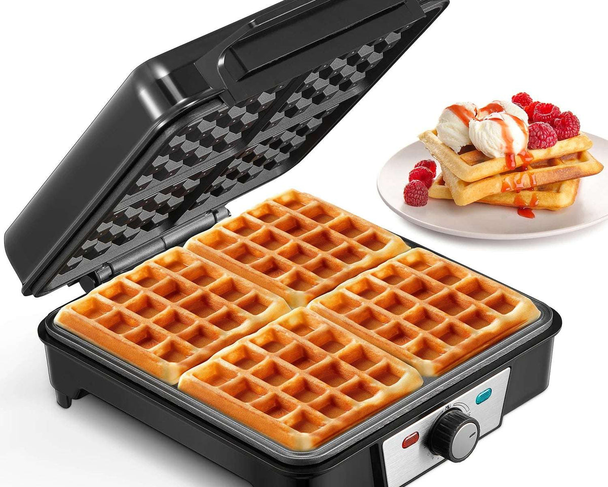 🥞 Yabano 4-Slice Belgian Waffle Maker - 3 Browning Levels with Nonstick Square Iron Plates - 1200 Watts, Compact Design 🥞