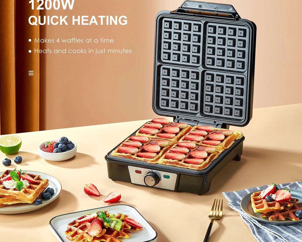🥞 Yabano 4-Slice Belgian Waffle Maker - 3 Browning Levels with Nonstick Square Iron Plates - 1200 Watts, Compact Design 🥞