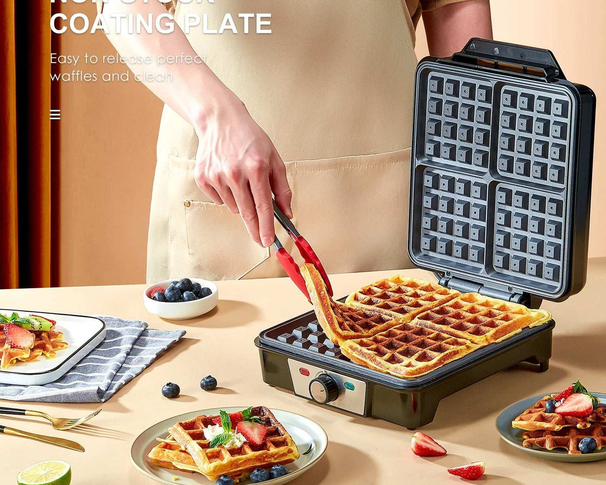 🥞 Yabano 4-Slice Belgian Waffle Maker - 3 Browning Levels with Nonstick Square Iron Plates - 1200 Watts, Compact Design 🥞